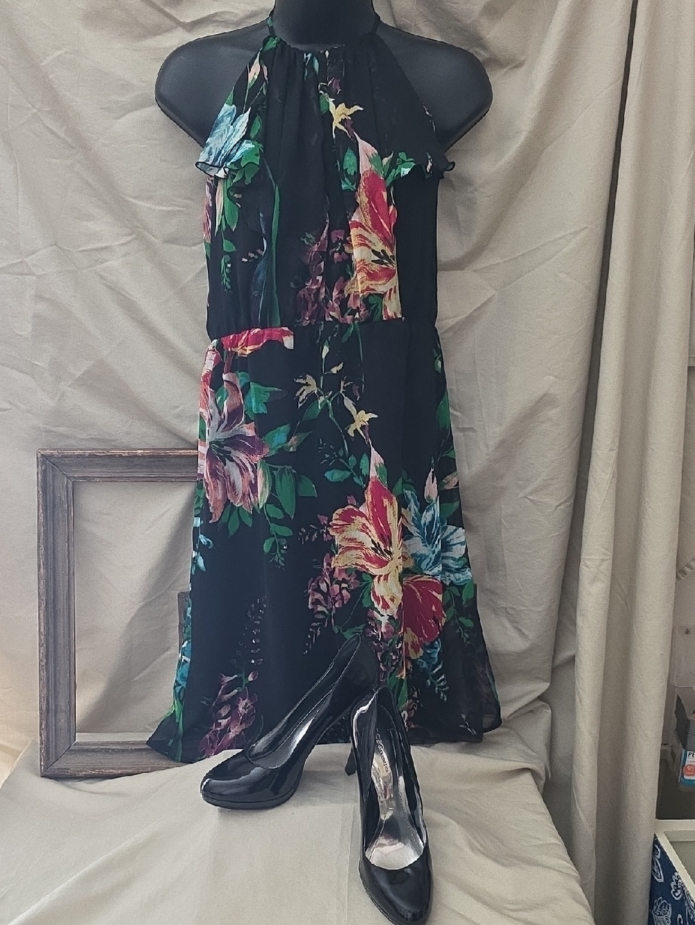 Old Navy Black Floral Halter Midi Dress